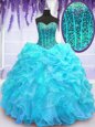 Decent Aqua Blue Sleeveless Floor Length Beading and Ruffles and Pick Ups Lace Up Quinceanera Gowns