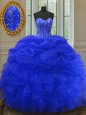 Royal Blue Sleeveless Beading and Ruffles and Pick Ups Floor Length 15th Birthday Dress