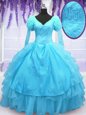 Baby Blue Lace Up Sweet 16 Dress Embroidery Long Sleeves Floor Length