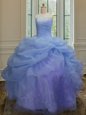 Sleeveless Organza Floor Length Lace Up Quinceanera Dress in Blue for with Embroidery and Pick Ups
