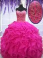 Wonderful Sleeveless Organza Floor Length Lace Up Sweet 16 Quinceanera Dress in Fuchsia for with Beading and Ruffles