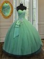 Super Green Lace Up Sweetheart Beading and Ruching and Bowknot Ball Gown Prom Dress Tulle and Sequined Sleeveless