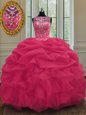 Scoop Floor Length Coral Red Sweet 16 Dresses Organza Sleeveless Beading and Pick Ups