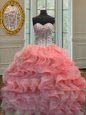 Latest Watermelon Red Organza Lace Up Sweetheart Sleeveless Floor Length Sweet 16 Dresses Beading and Ruffles
