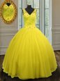 V-neck Sleeveless Ball Gown Prom Dress Floor Length Beading Yellow Tulle