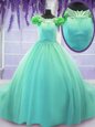 Affordable Scoop Turquoise Short Sleeves Tulle Court Train Lace Up Sweet 16 Dress for Military Ball and Sweet 16 and Quinceanera