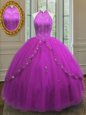 Classical Floor Length Lace Up Quinceanera Gowns Fuchsia and In for Military Ball and Sweet 16 and Quinceanera with Beading and Appliques