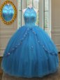 Pretty Blue Sleeveless Beading and Appliques Floor Length Quinceanera Dresses