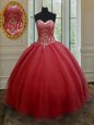 Customized Floor Length Lace Up Sweet 16 Dresses Red and In for Military Ball and Sweet 16 and Quinceanera with Beading