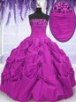 Fuchsia Strapless Neckline Embroidery and Pick Ups Vestidos de Quinceanera Sleeveless Lace Up