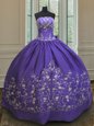 Purple Ball Gowns Satin Strapless Sleeveless Embroidery Floor Length Lace Up Ball Gown Prom Dress