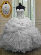 White Ball Gowns Beading and Pick Ups Vestidos de Quinceanera Lace Up Organza Sleeveless Floor Length