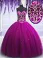 New Style Tulle Sweetheart Sleeveless Lace Up Beading Quinceanera Dress in Fuchsia