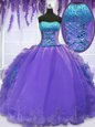 Sleeveless Floor Length Embroidery and Ruffles Lace Up 15th Birthday Dress with Lavender