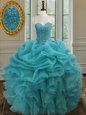 Floor Length Aqua Blue Ball Gown Prom Dress Organza Sleeveless Beading and Ruffles