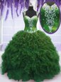 Comfortable Straps Floor Length Zipper Quince Ball Gowns Green and In for Military Ball and Sweet 16 and Quinceanera with Beading and Ruffles