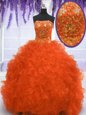Orange Red Strapless Lace Up Beading and Appliques and Ruffles 15 Quinceanera Dress Brush Train Sleeveless
