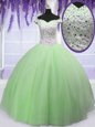 Off the Shoulder Apple Green Short Sleeves Beading Floor Length Quinceanera Gown
