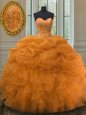 Charming Orange Sleeveless Floor Length Beading and Ruffles and Pick Ups Lace Up Sweet 16 Dress