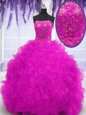 Romantic Fuchsia Sweet 16 Dresses Military Ball and Sweet 16 and Quinceanera and For with Beading and Appliques and Ruffles Strapless Sleeveless Brush Train Lace Up