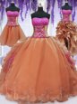 Hot Selling Four Piece Orange Organza Lace Up Strapless Sleeveless Floor Length Vestidos de Quinceanera Embroidery and Ruffles