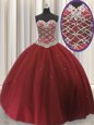 Sleeveless Floor Length Beading and Sequins Lace Up 15th Birthday Dress with Red
