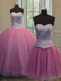 Customized Three Piece Sleeveless Organza Floor Length Lace Up 15 Quinceanera Dress in Rose Pink for with Beading