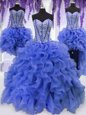 Elegant Four Piece Sleeveless Lace Up Floor Length Ruffles and Sequins Sweet 16 Dresses