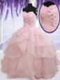 Dramatic Sleeveless Floor Length Ruffled Layers Lace Up Quinceanera Dresses with Baby Pink