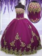Deluxe Floor Length Zipper Vestidos de Quinceanera Fuchsia and In for Military Ball and Sweet 16 and Quinceanera with Appliques