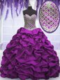Hot Sale Floor Length Purple Quinceanera Gown Taffeta Sleeveless Beading and Sequins and Pick Ups