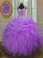 Edgy Lavender Ball Gowns Straps Sleeveless Organza Floor Length Zipper Beading and Ruffles Sweet 16 Quinceanera Dress