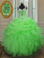 Straps Organza Zipper 15th Birthday Dress Sleeveless Floor Length Beading and Ruffles