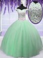 Off the Shoulder Sleeveless Tulle Floor Length Lace Up 15th Birthday Dress in Apple Green for with Beading