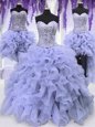 Latest Four Piece Floor Length Lace Up Sweet 16 Dress Lavender and In for Military Ball and Sweet 16 and Quinceanera with Ruffles and Sequins