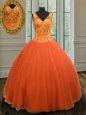 Orange Red Tulle Zipper Sweet 16 Dresses Sleeveless Floor Length Beading