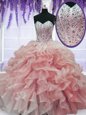 Best Selling Watermelon Red Ball Gowns Beading and Ruffles Quinceanera Dresses Lace Up Organza Sleeveless Floor Length
