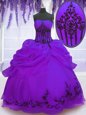 Latest Satin Strapless Sleeveless Lace Up Embroidery Ball Gown Prom Dress in Royal Blue