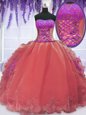 Sleeveless Organza Floor Length Lace Up 15th Birthday Dress in Watermelon Red for with Embroidery and Ruffles