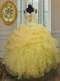 Great Light Yellow Ball Gowns Organza Straps Sleeveless Beading and Ruffles Floor Length Zipper Quinceanera Gowns