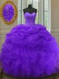 Best Selling Pick Ups Purple Sleeveless Organza Lace Up Quinceanera Dress for Military Ball and Sweet 16 and Quinceanera