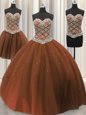 Three Piece Brown Sleeveless Floor Length Beading and Sequins Lace Up Vestidos de Quinceanera