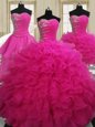 Comfortable Four Piece Sleeveless Floor Length Beading Zipper Quinceanera Gowns with Hot Pink