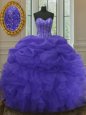 Best Purple Ball Gowns Beading and Ruffles and Pick Ups Sweet 16 Dress Lace Up Organza Sleeveless Floor Length