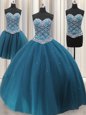 Fashion Three Piece Teal Sweetheart Lace Up Beading and Ruffles Ball Gown Prom Dress Sleeveless