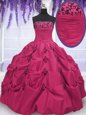 Hot Pink Lace Up Strapless Embroidery and Pick Ups 15th Birthday Dress Taffeta Sleeveless