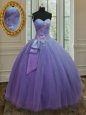 Glamorous Sleeveless Tulle and Sequined Floor Length Lace Up 15th Birthday Dress in Lavender for with Beading and Ruching and Bowknot