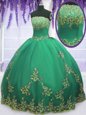 Graceful Floor Length Zipper Quinceanera Dress Turquoise and In for Military Ball and Sweet 16 and Quinceanera with Appliques