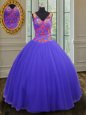 Blue V-neck Zipper Beading Ball Gown Prom Dress Sleeveless