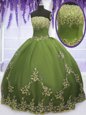 Hot Sale Floor Length Zipper Quince Ball Gowns Olive Green and In for Military Ball and Sweet 16 and Quinceanera with Appliques